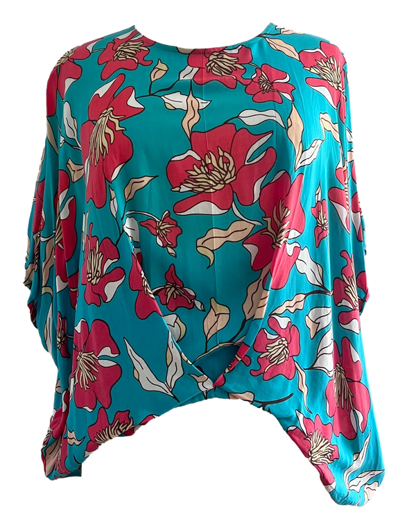 Victoria Batwing Top - Jade and Coral Flower
