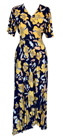 Zoe Wrap Dress- Navy with Yellow Flower